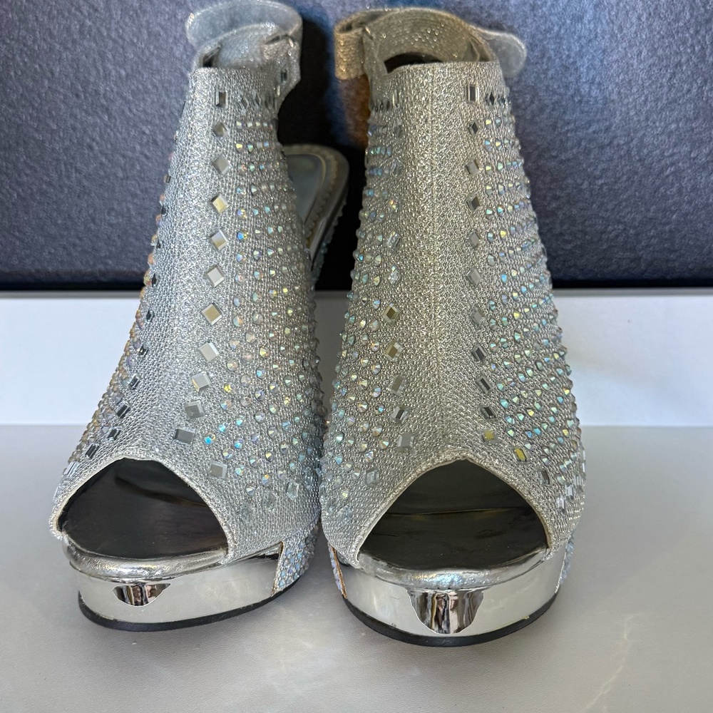 Silver Rhinestone Peep-Toe Platform Heels